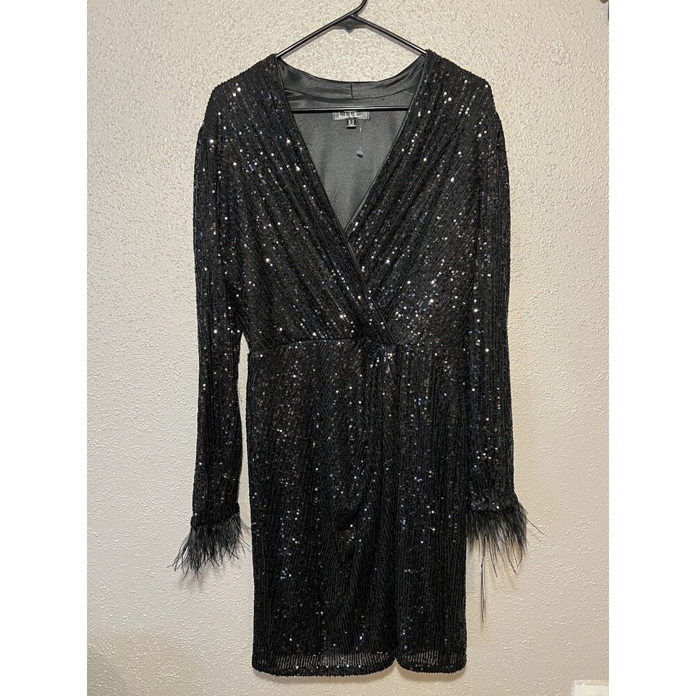 Nicole Miller Black Sequin Mini Dress with Feather Cuffs